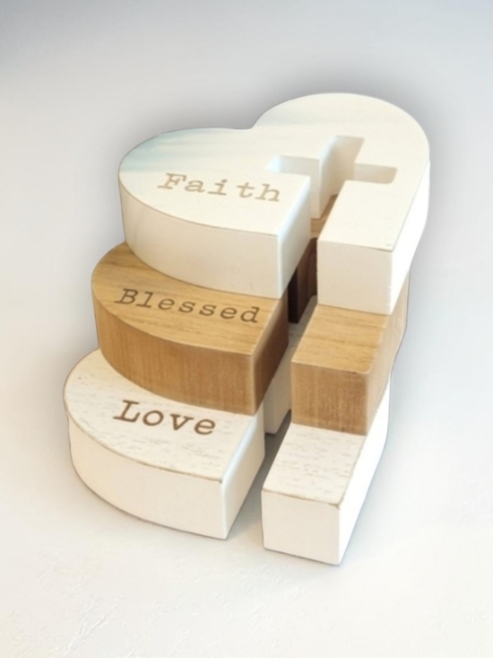 XM Arts Co. Ltd Other - Faith Blessed Love Heart Stackable Wood Decor - White and Natural